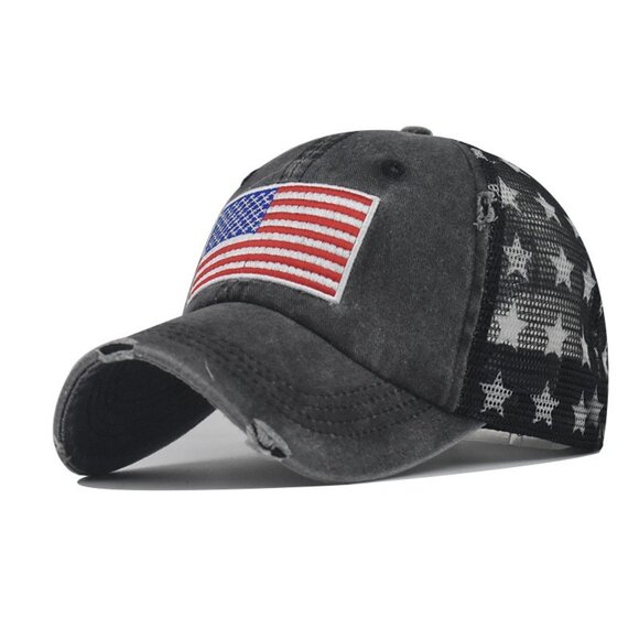 Black American Flag Star Trucker Cap-Washed Distressed USA Embroidery-Adjustable - Picture 1 of 6